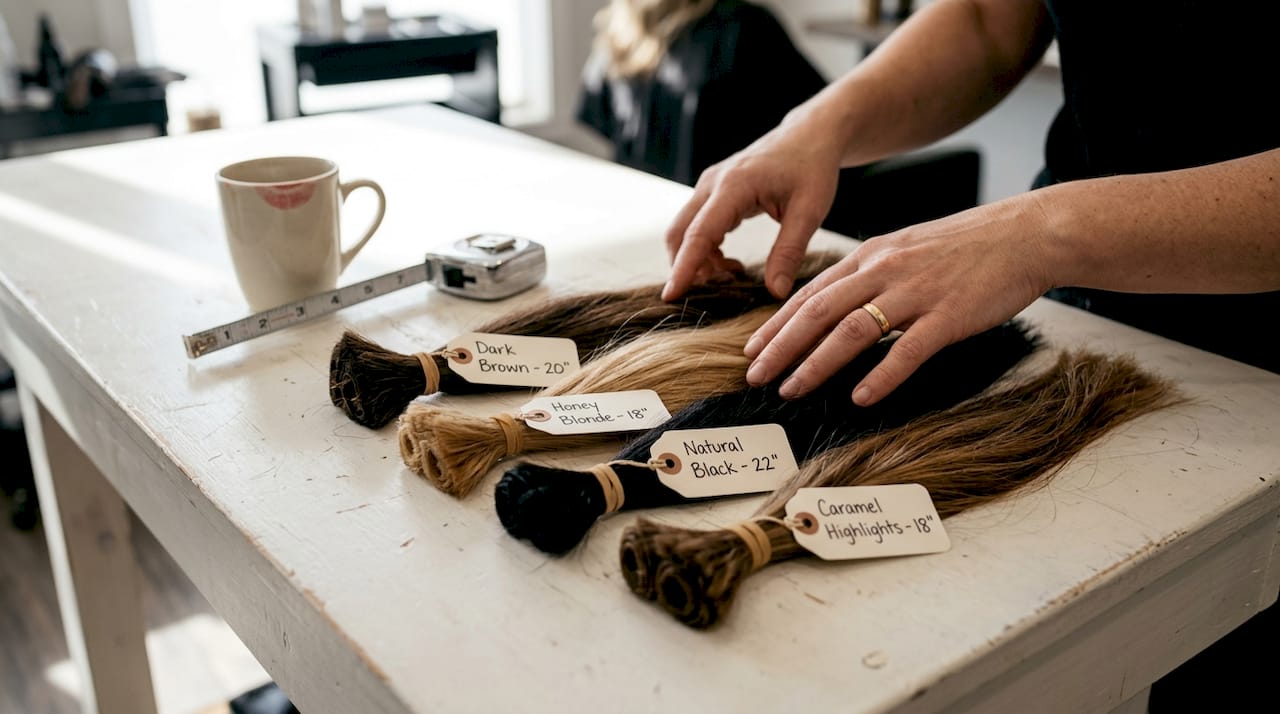 Stylist sorts bundled hair extensions by color