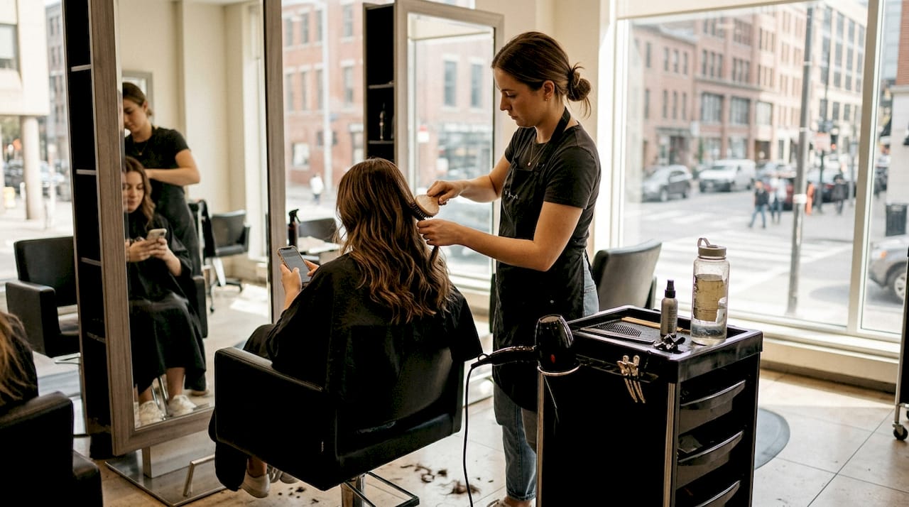 Stylist brushing tape-in extensions in busy salon