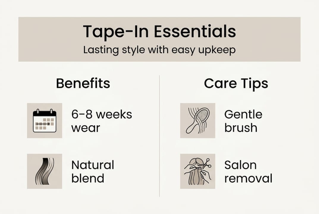 Infographic showing tape-in extension benefits and care tips