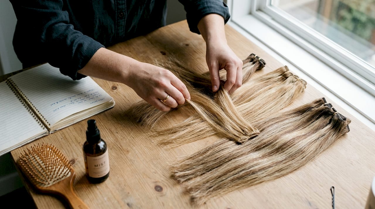 Close-up stylist inspecting hair extension quality