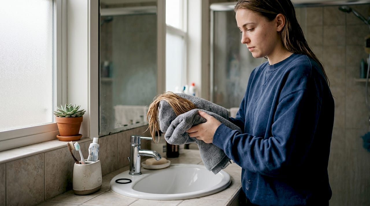 Gently blotting hair extensions with towels