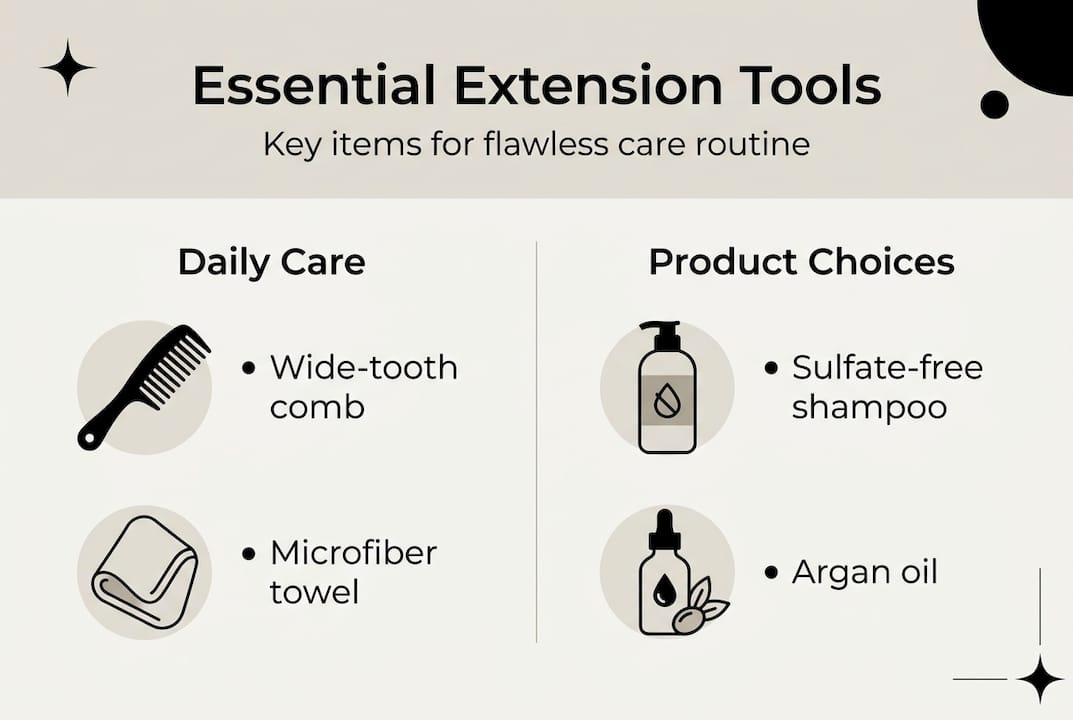 Infographic with hair extension care tools overview