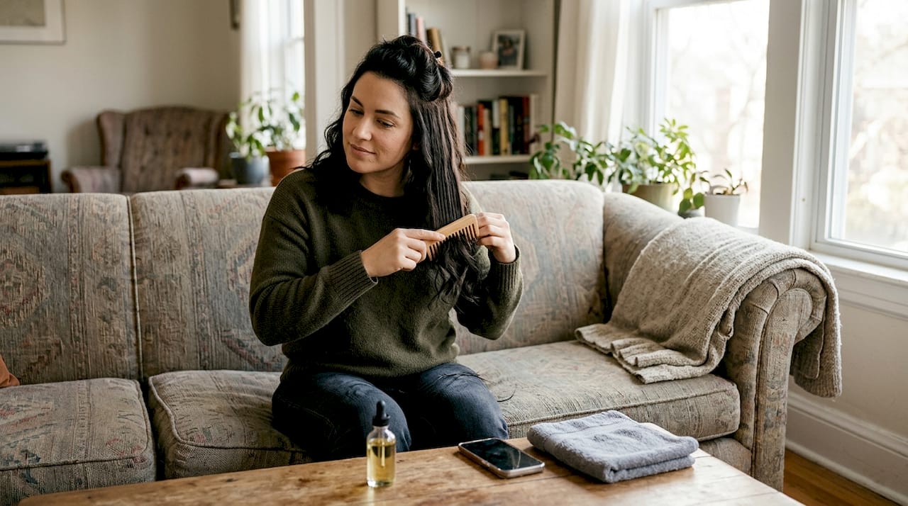 Detangling raw human hair on living room sofa