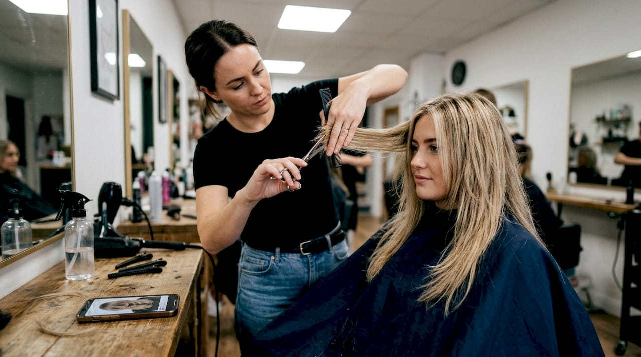 Hairdresser trimming layered hair extensions