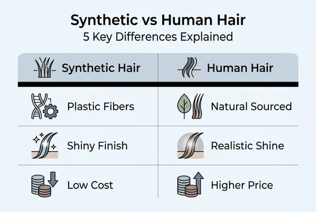 Infographic comparing human and synthetic hair