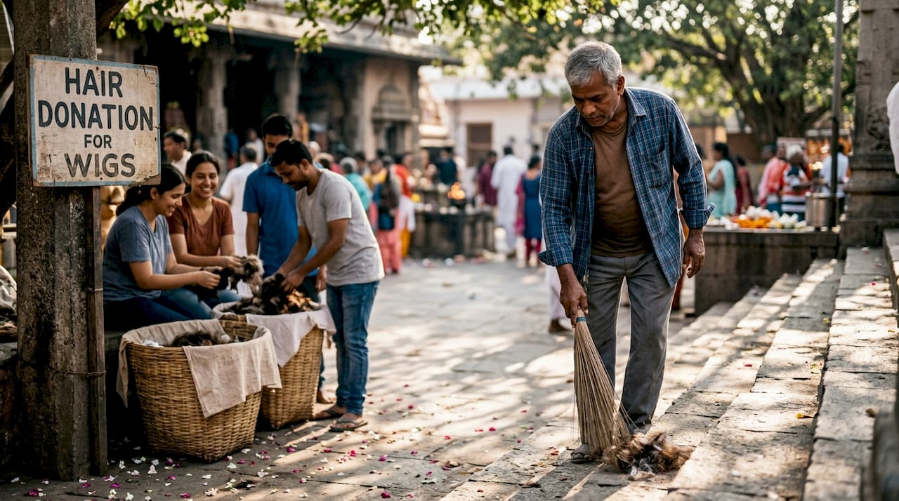 Workers sorting donated hair at temple