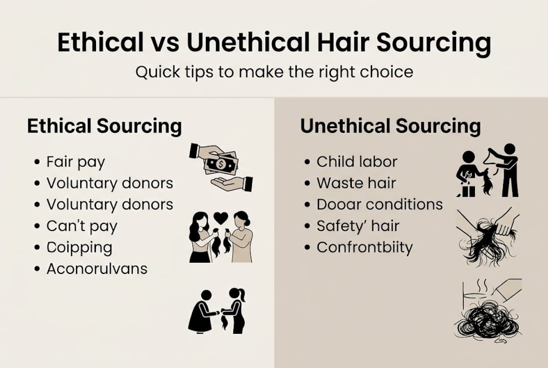 Infographic contrasting ethical and unethical hair sourcing