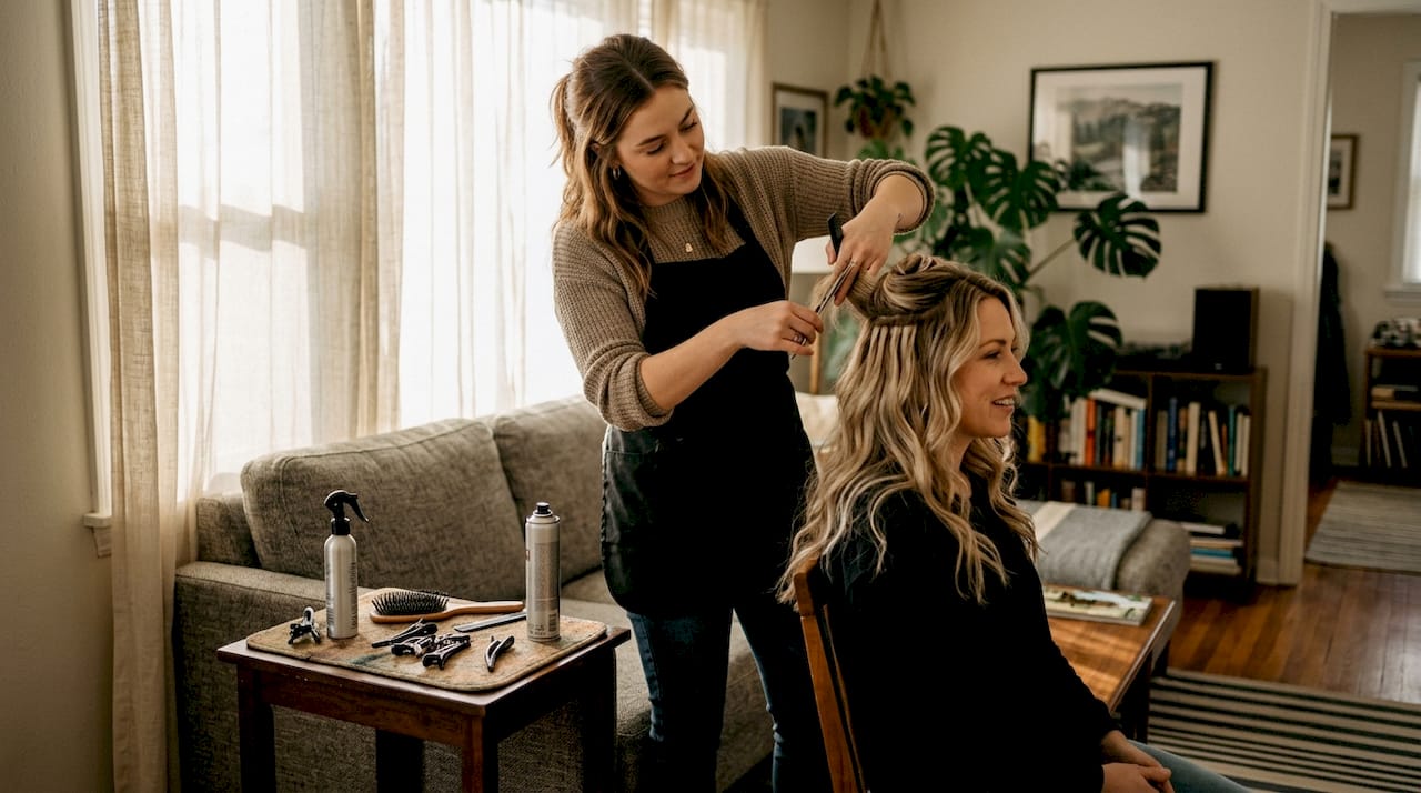 Stylist blending tape-in extensions on client