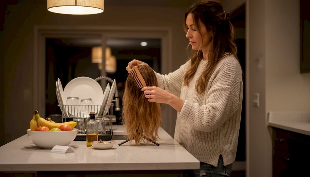 Woman maintaining hair extensions at kitchen counter
