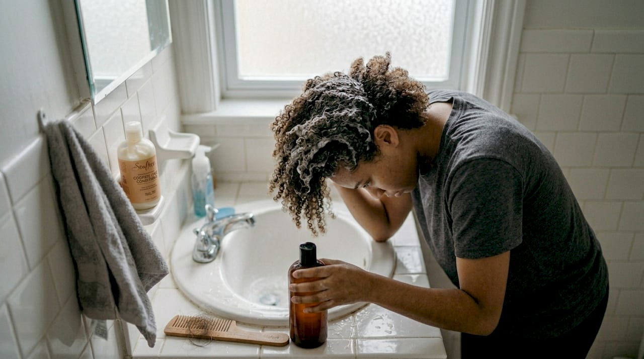Person washing unprocessed hair in home bathroom