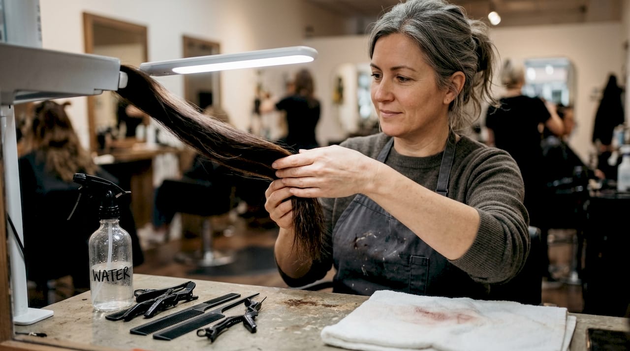 Stylist checking human hair cuticle layer