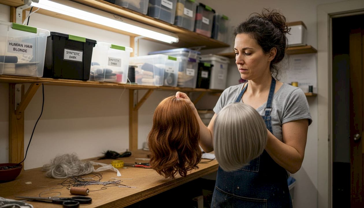 Wig stylist comparing human and synthetic wigs