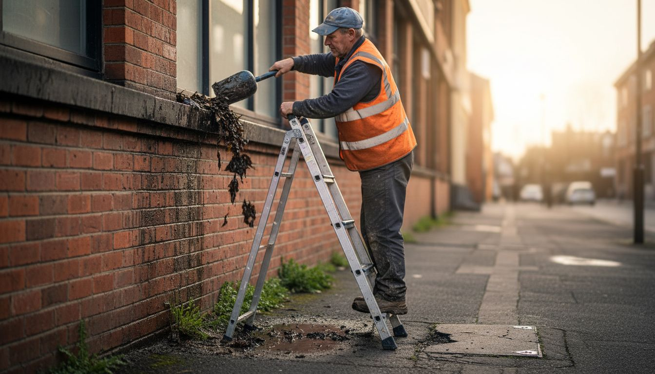 Worker clearing blocked gutter on building