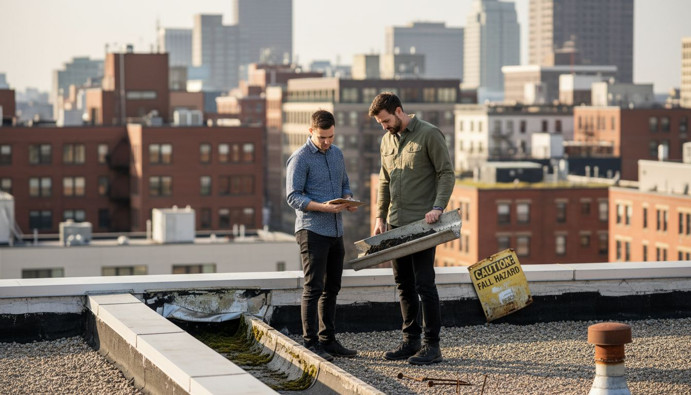 Managers examining different roof gutter styles