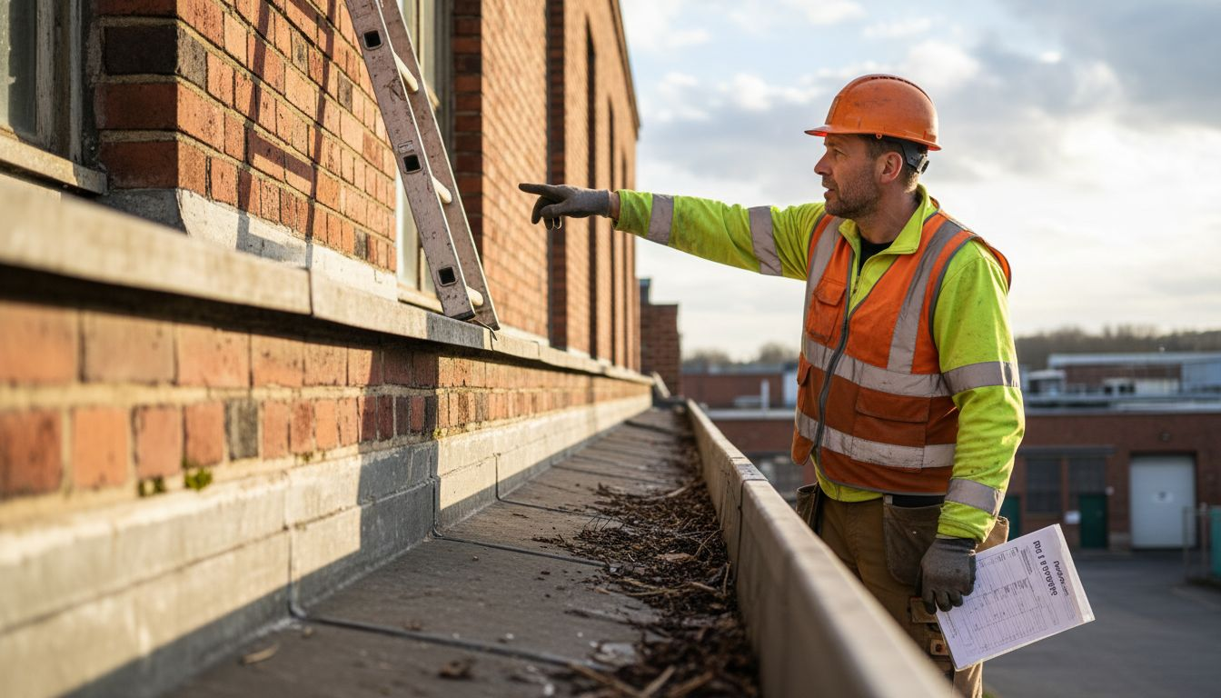 Engineer inspects gutter system on warehouse roof