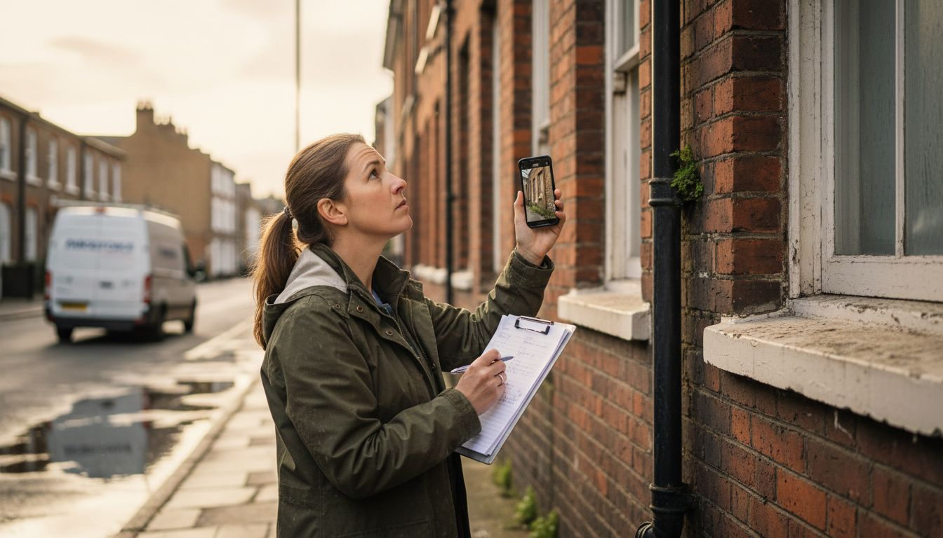 Property manager inspecting water-stained gutter