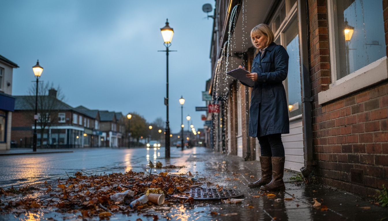 Overflowing gutters and debris after heavy rain