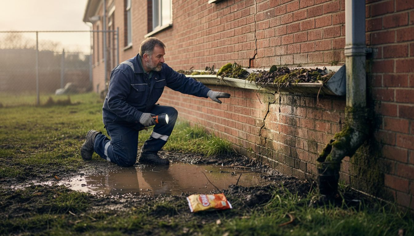 Worker examines damage near clogged gutter