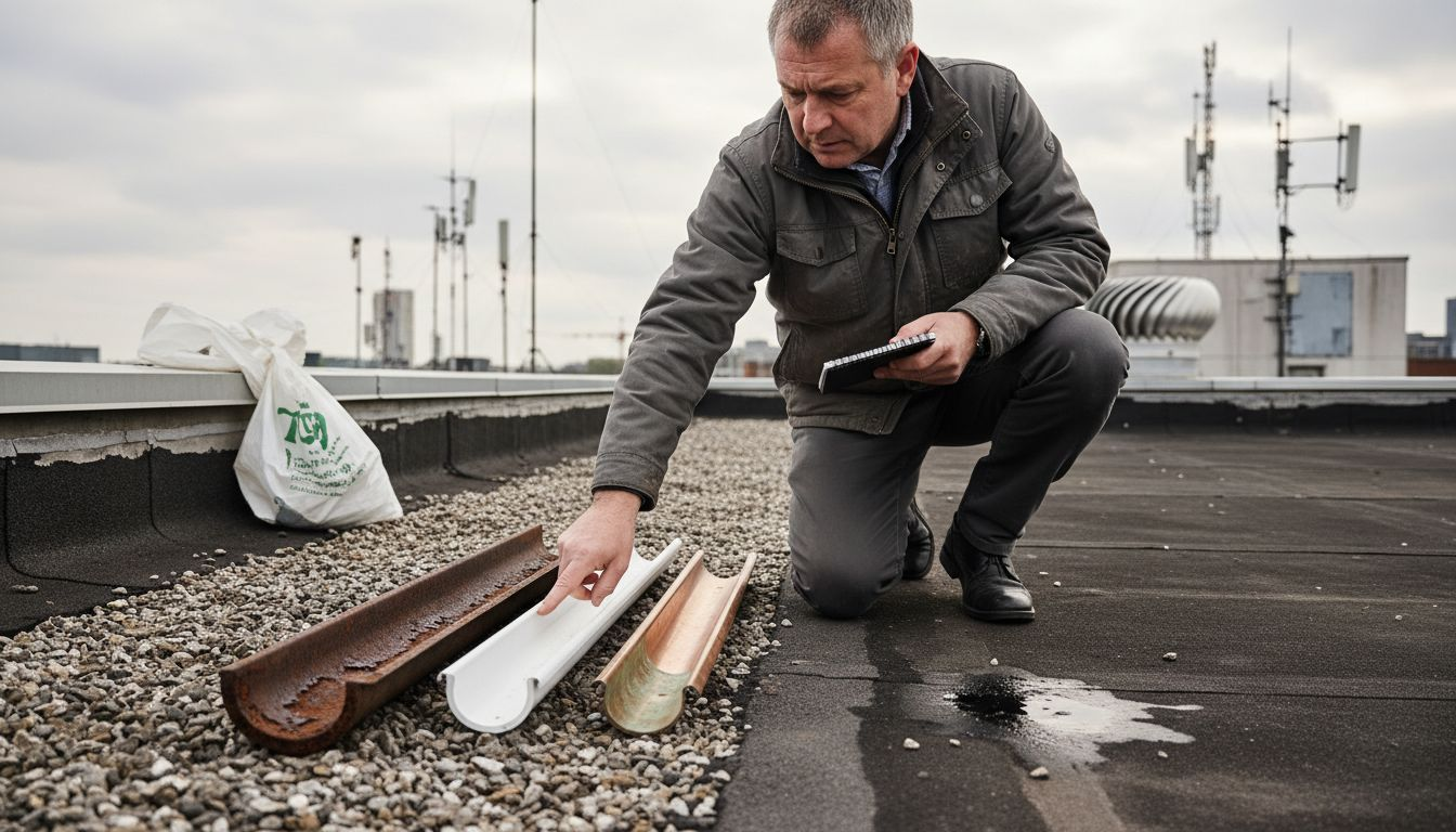 Building manager inspecting rooftop gutter types