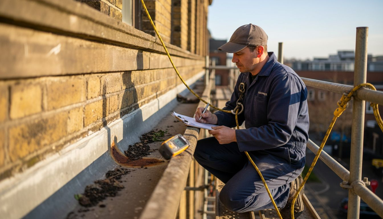 Technician inspecting office gutter using clipboard