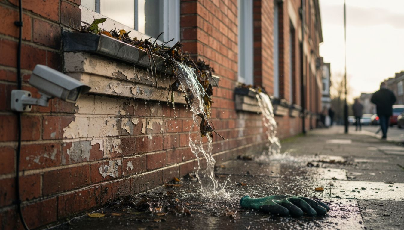 Clogged gutter overflowing with seasonal debris