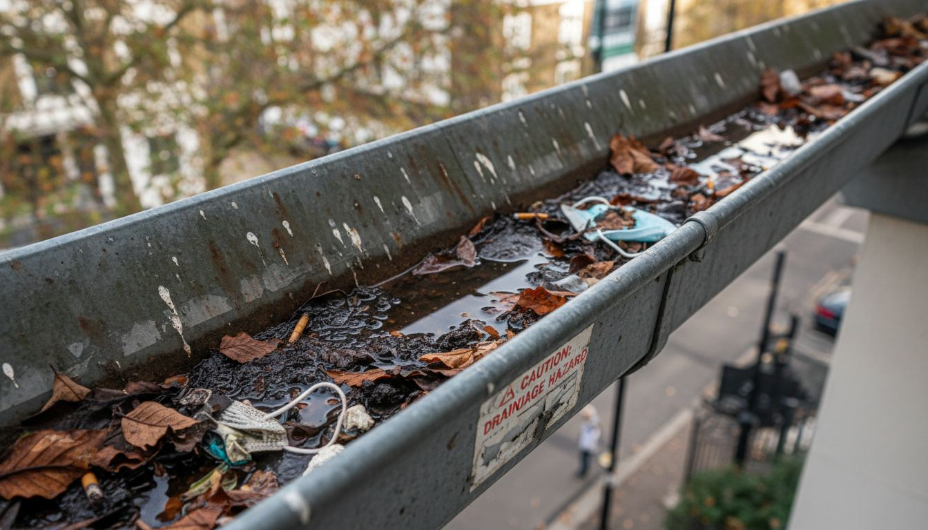 Close-up of blocked gutter with debris