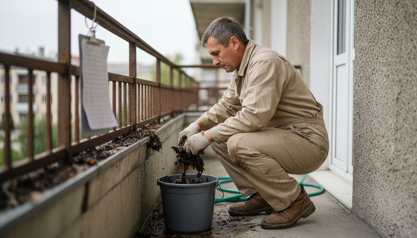 Worker manually cleaning apartment building gutter