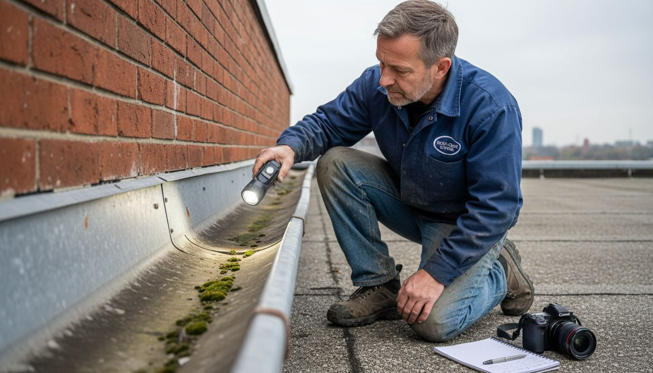 Worker inspecting commercial gutter for damage