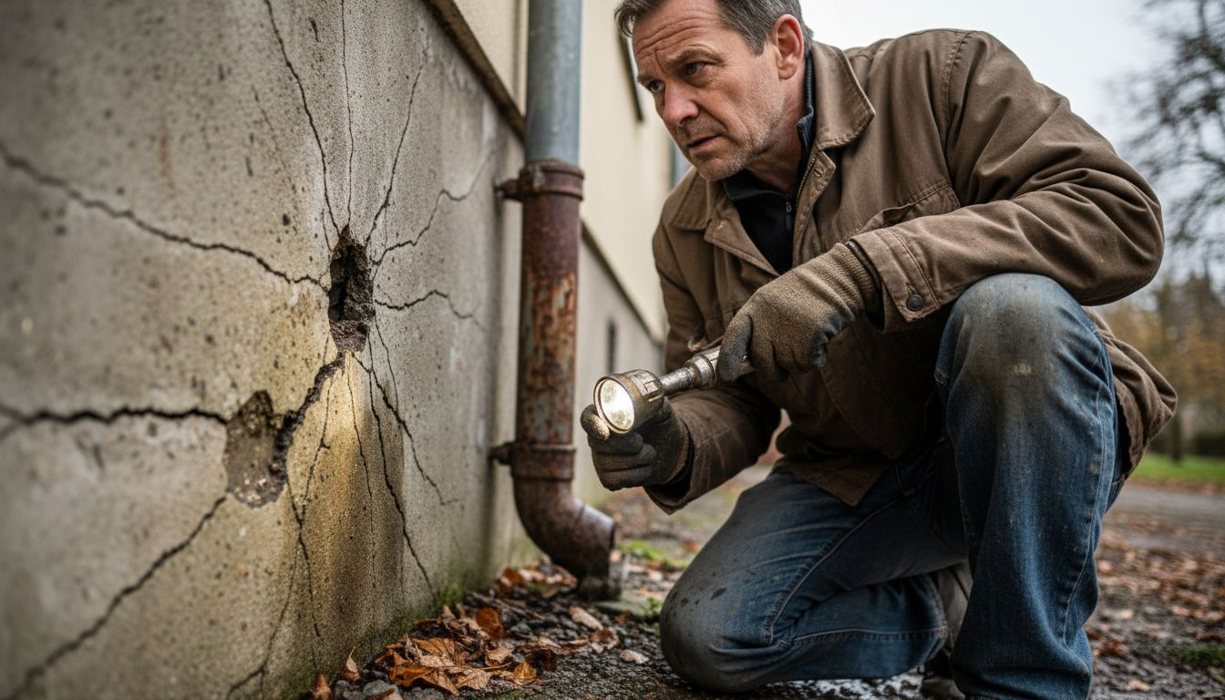 Caretaker examines water-stained building foundation