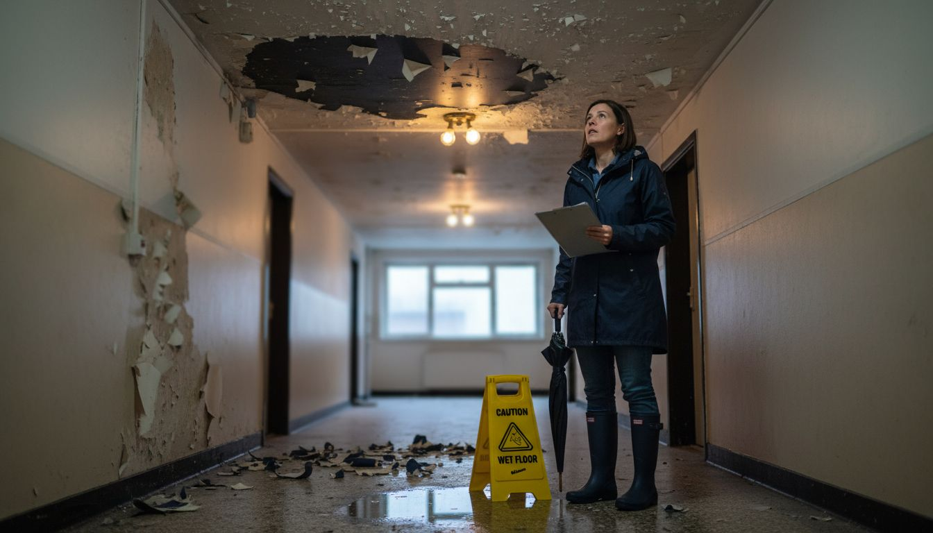 Manager inspecting gutter water damage indoors