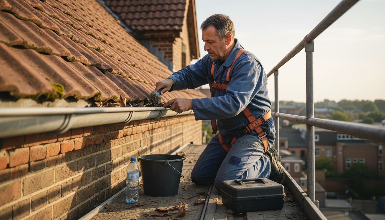 Worker cleaning gutter on brick building roof