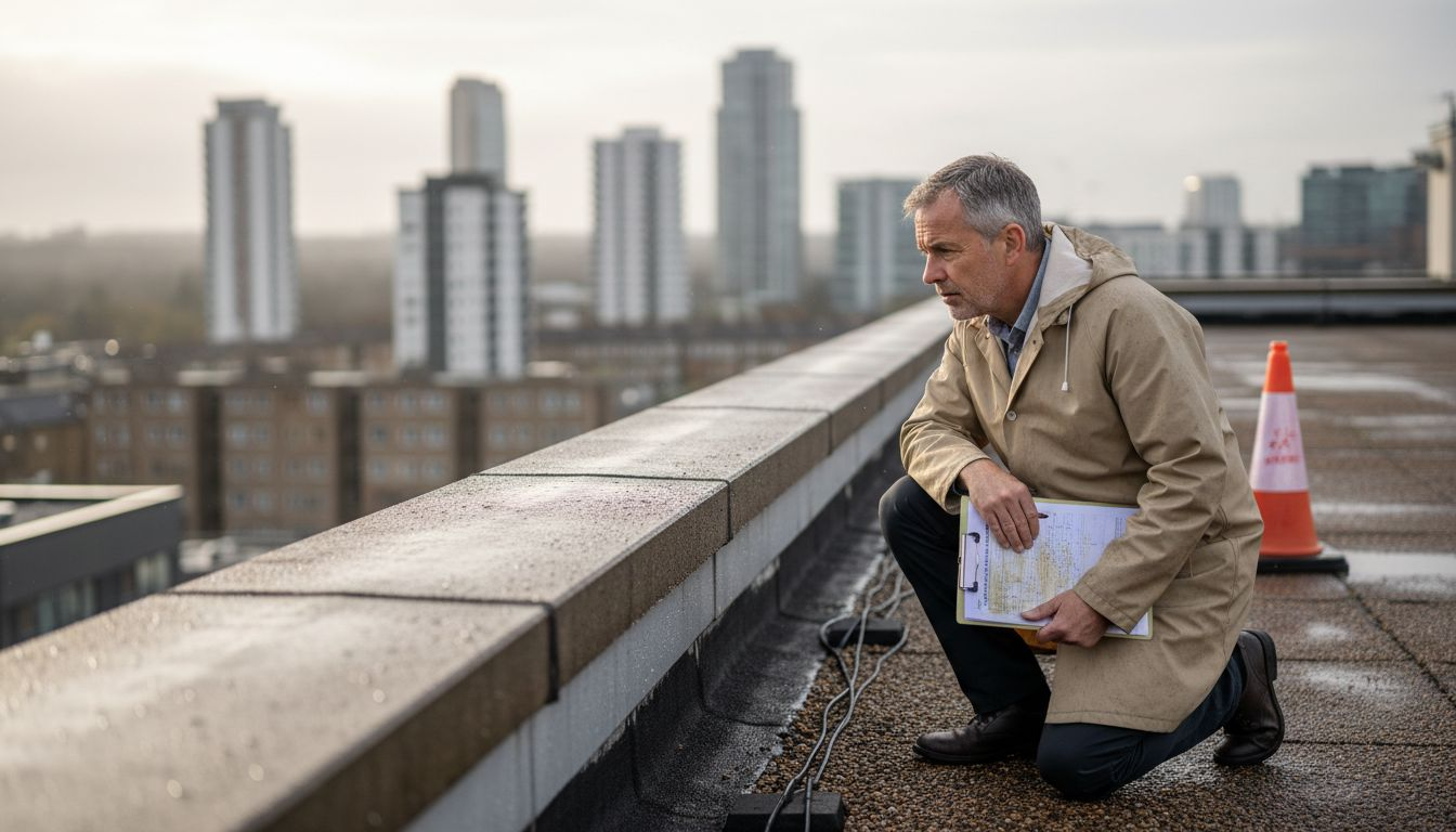 Property manager inspecting concealed gutter system