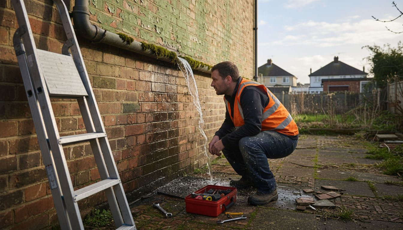 Worker checks water damage beneath gutter