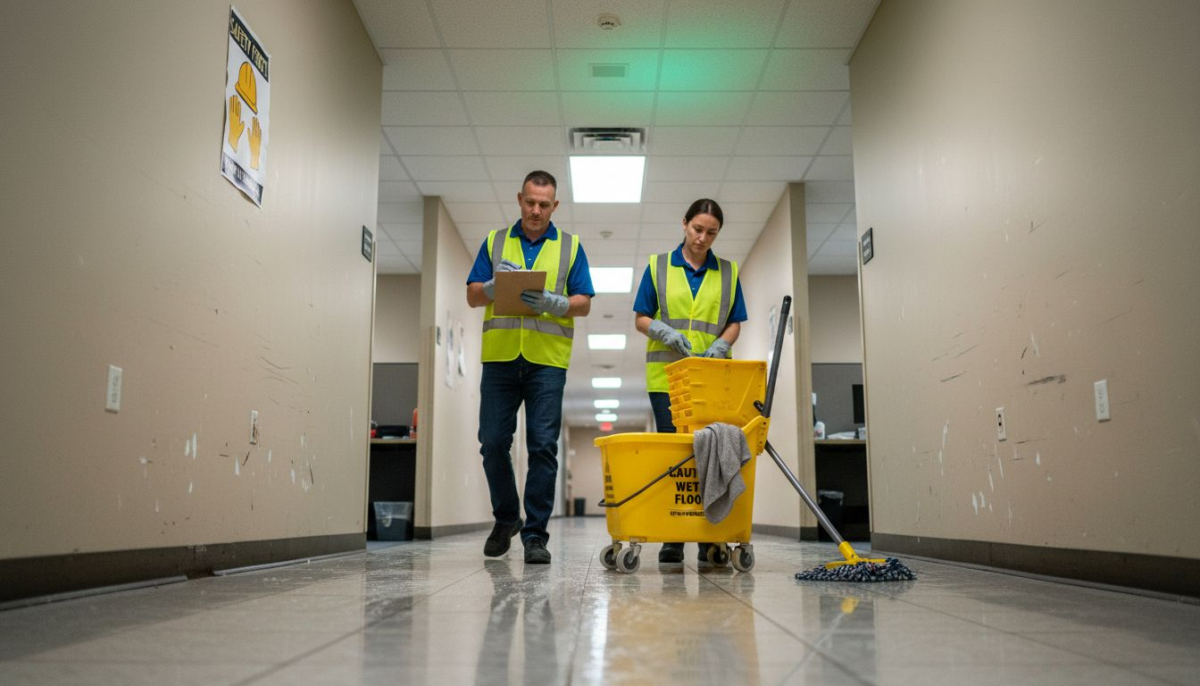 Commercial cleaning crew mopping office corridor