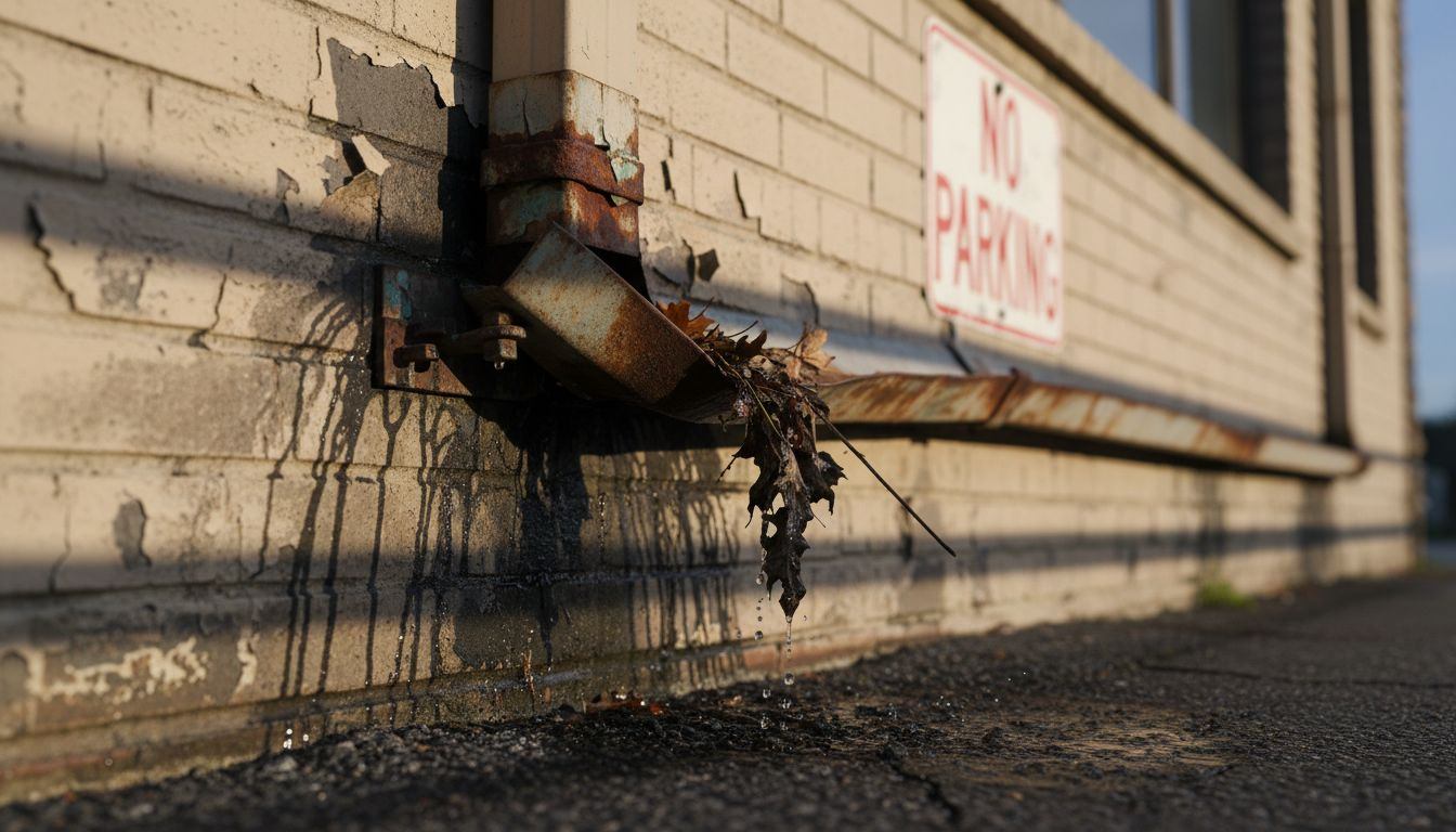 Water stains and overflowing commercial gutter