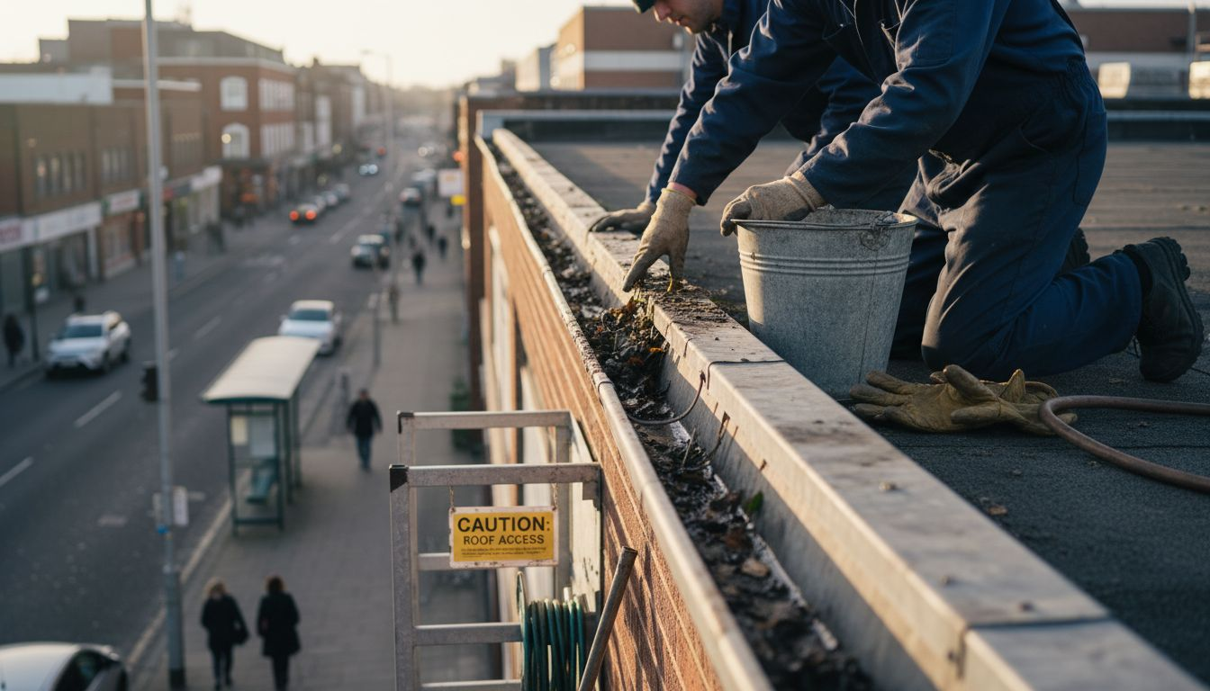 Team removes gutter debris on flat roof