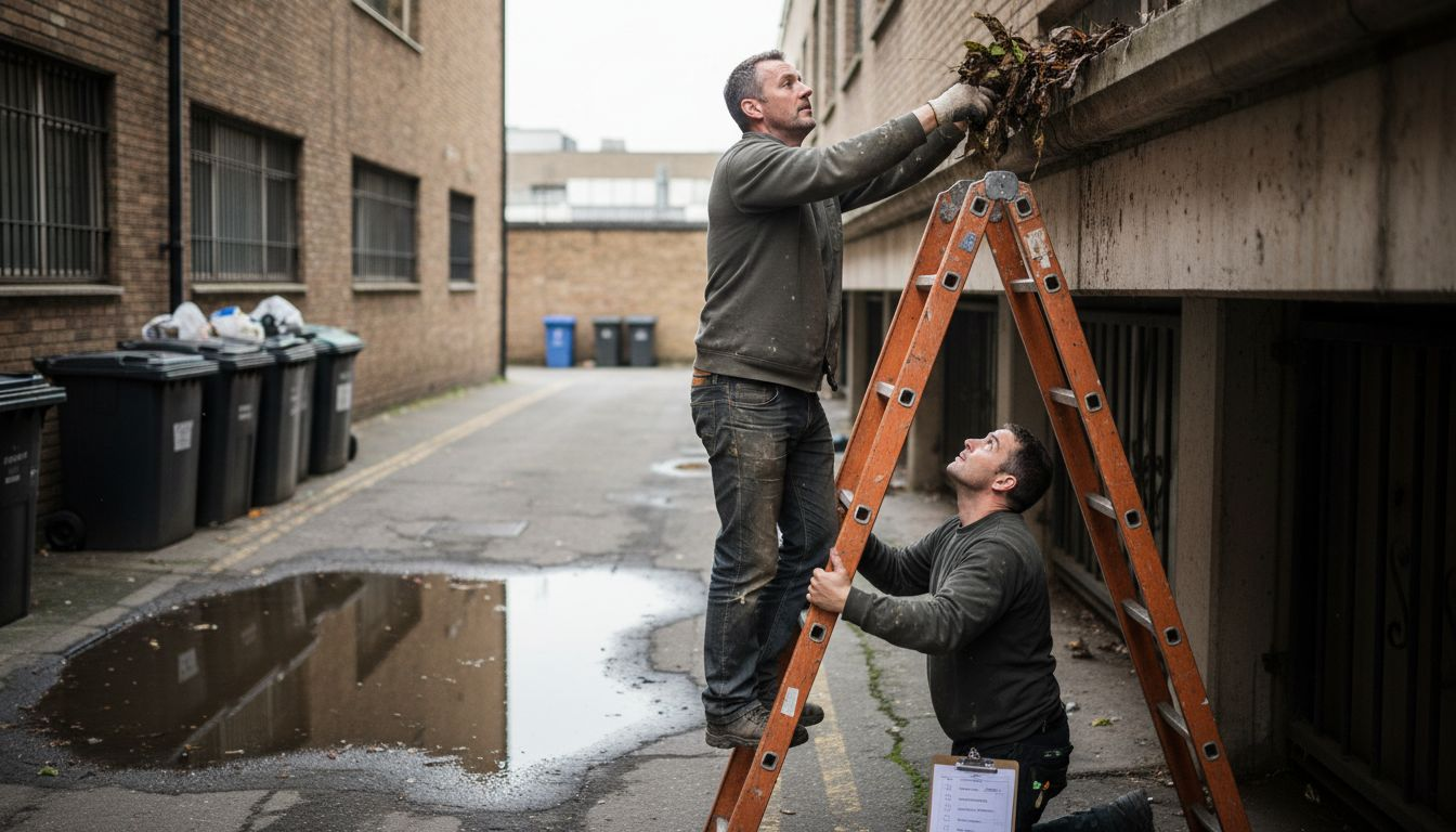 Contractor cleaning gutter on tall ladder