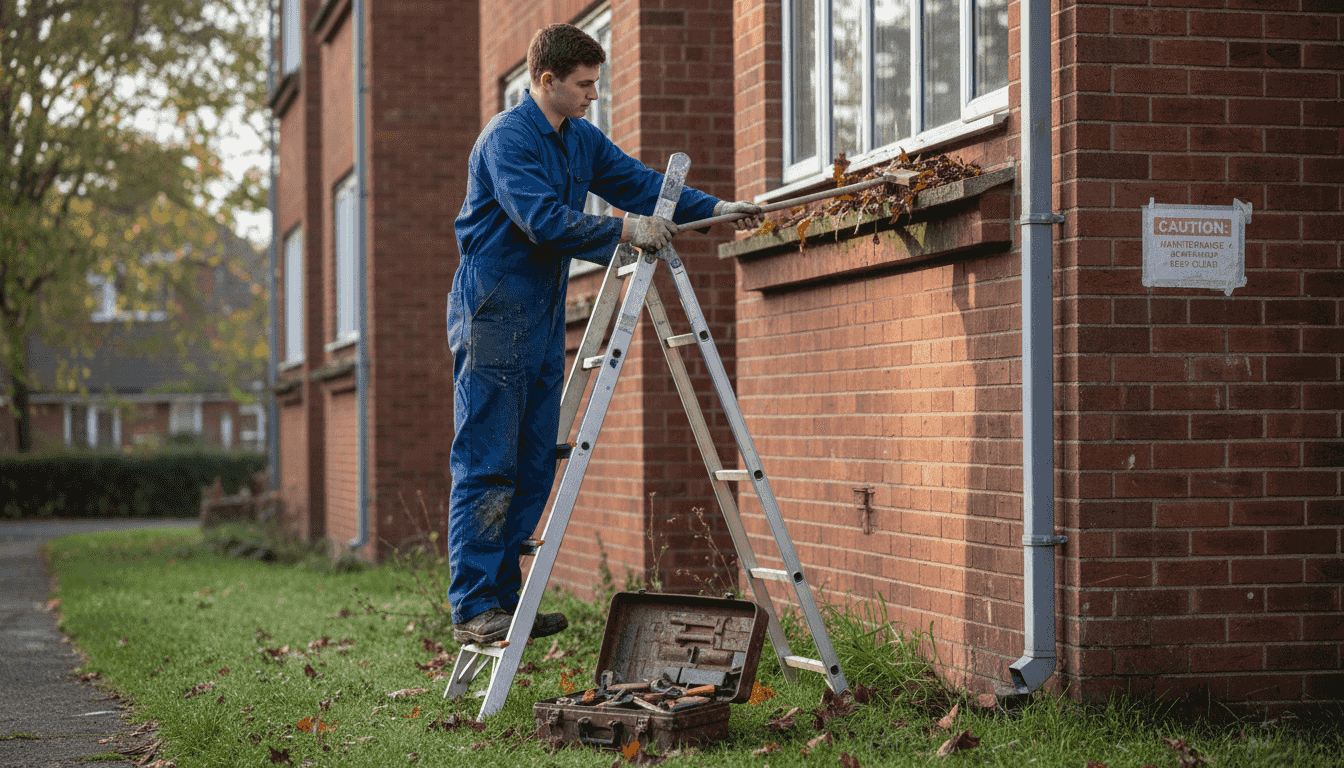 Maintenance worker cleaning building’s gutter