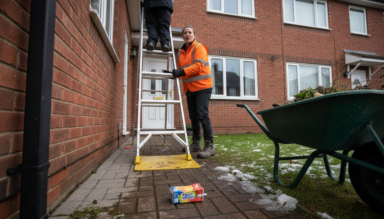 Assistant holding ladder steady on snowy ground