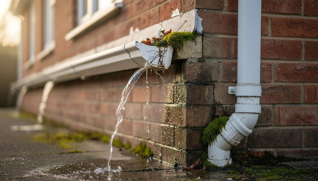 Close-up of cracked overflowing plastic gutter