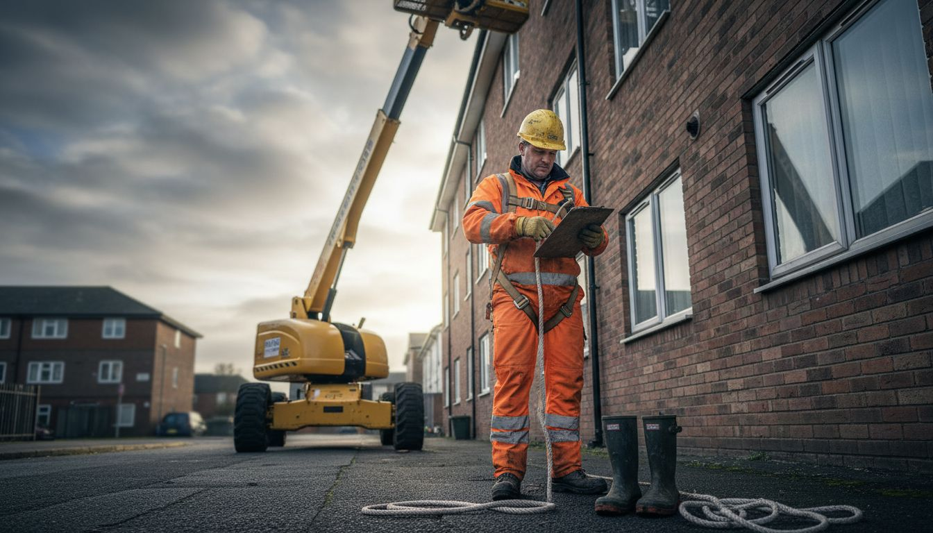 Worker fits harness by elevated gutter platform
