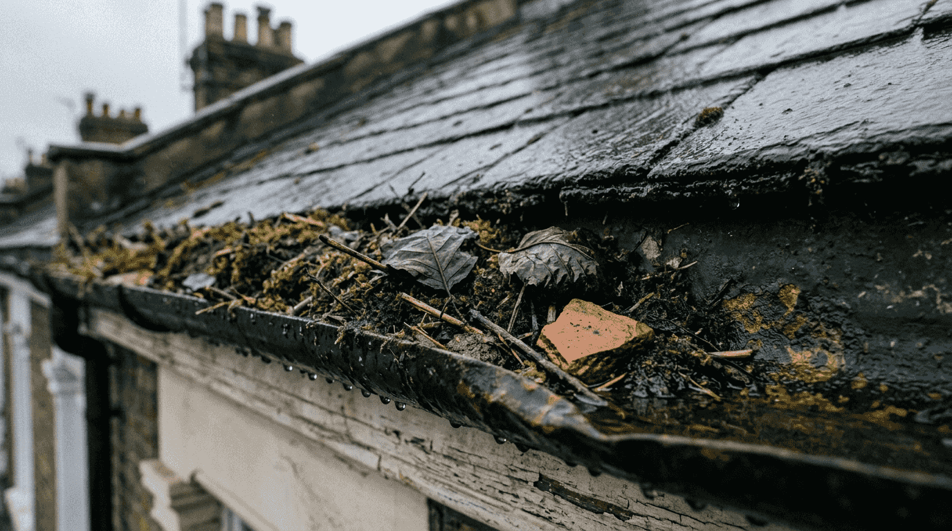 Close-up gutter blocked by moss and debris