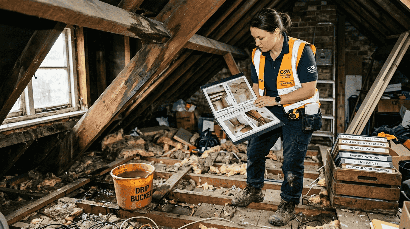Claims adjuster reviewing attic water damage