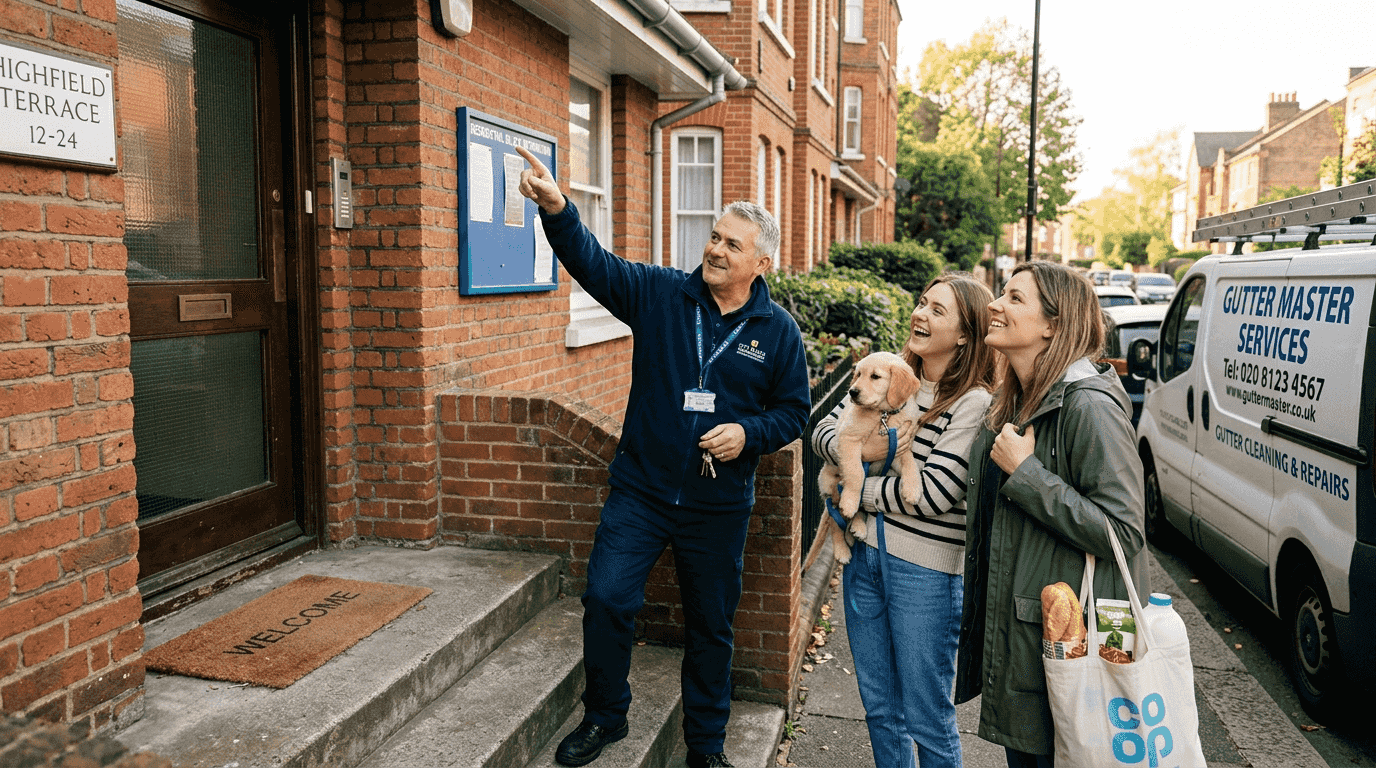 Manager greeting tenants after gutter cleaning