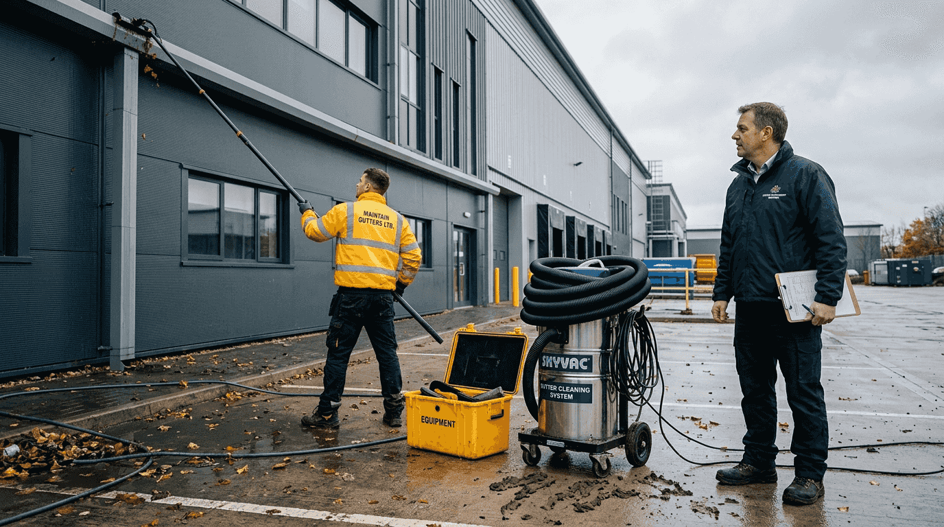 Gutter vacuum operated by property crew outside warehouse