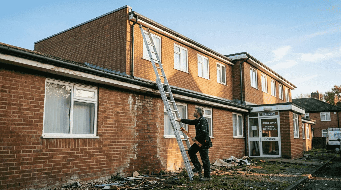 Technician sets up ladder for gutter access