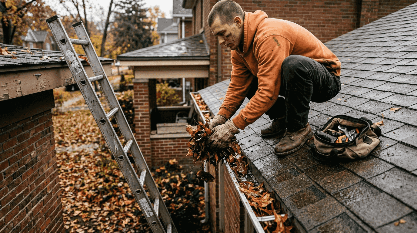 Worker removing autumn leaves from gutter