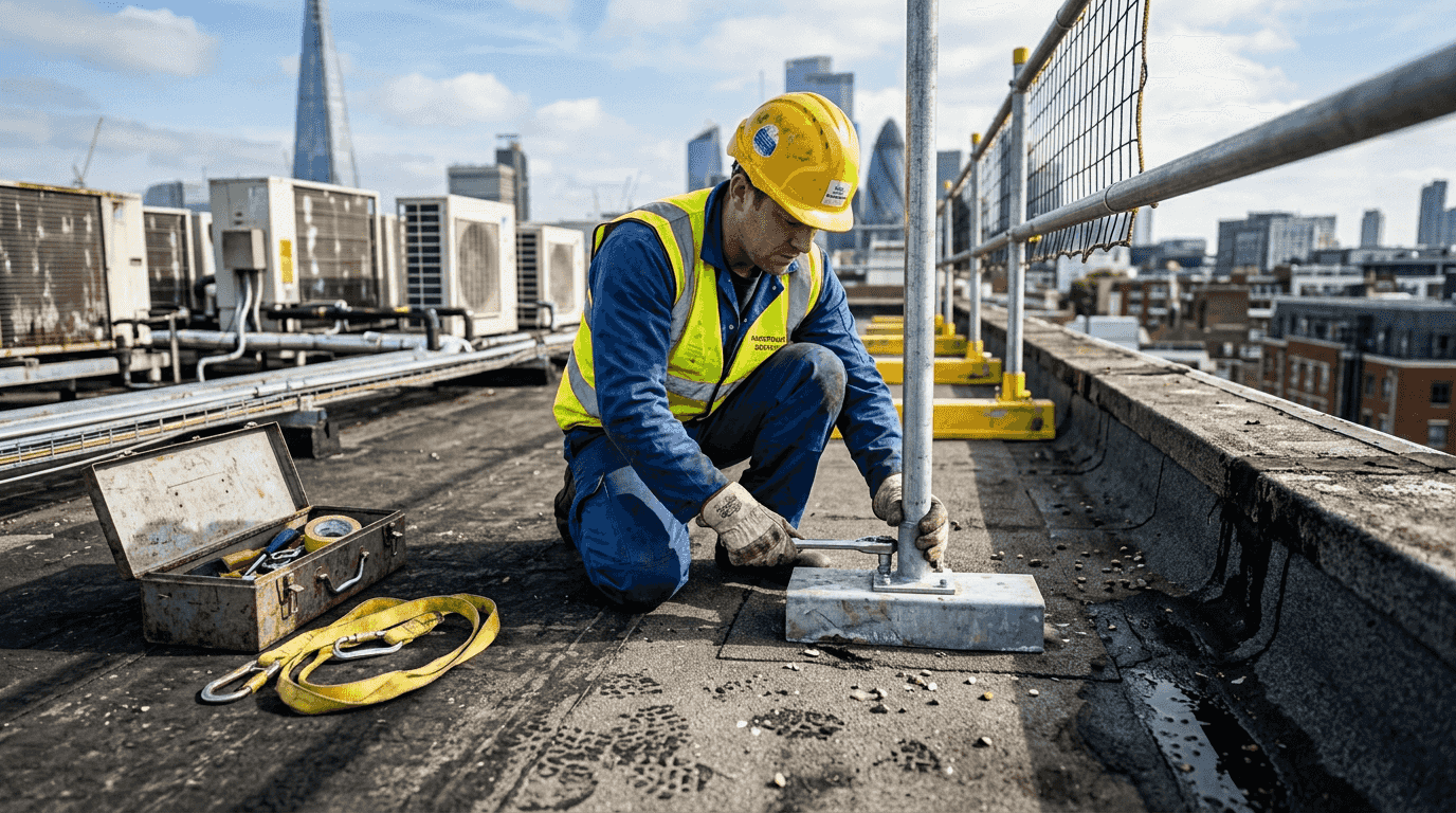 Worker installs rooftop guardrail for gutter maintenance