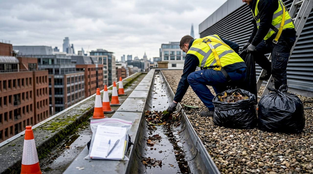 Workers cleaning urban commercial building gutter