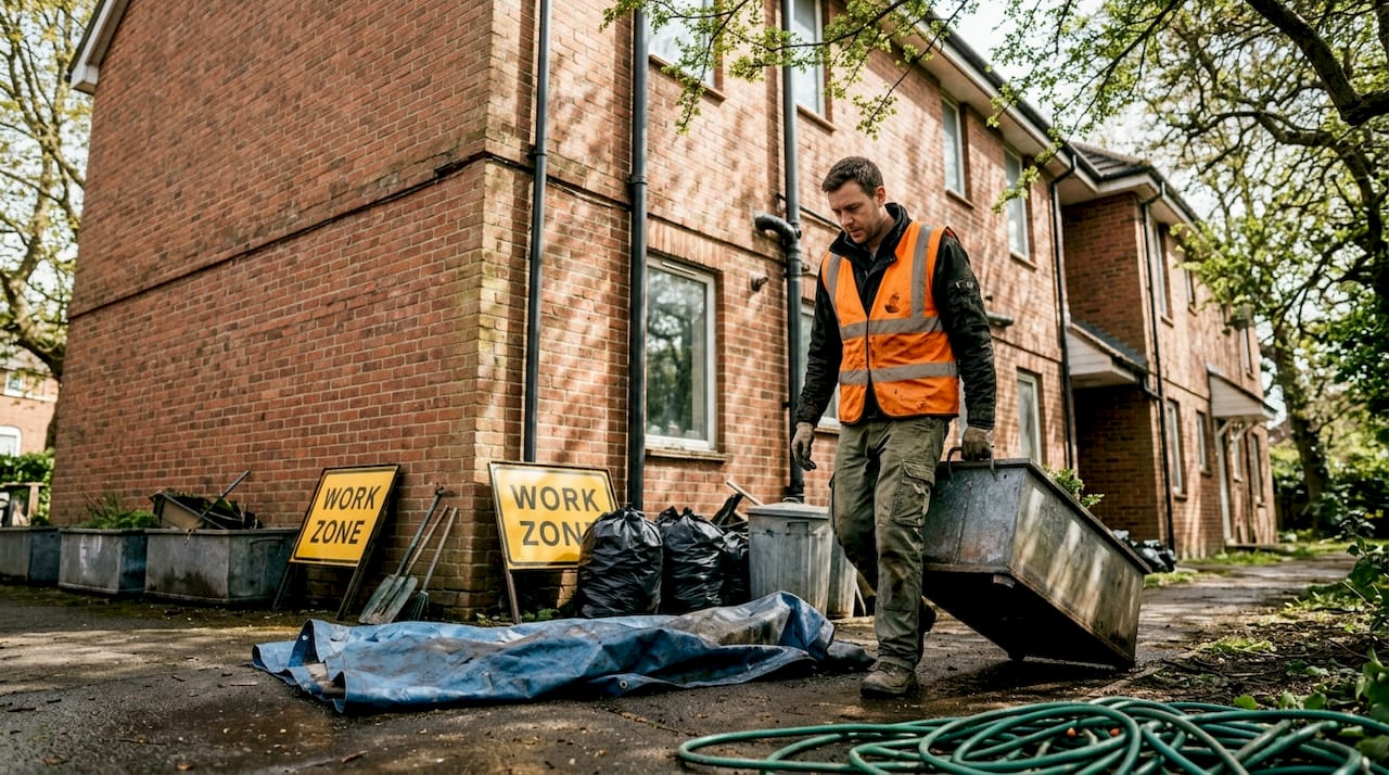 Worker preparing site under gutter lines